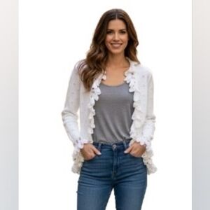 Cache White Ruffle Crochet Cardigan Sweater Women's Small Embellished Cuff‎